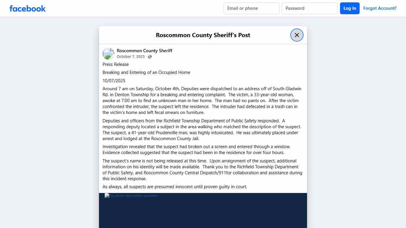 Press Release Breaking and... - Roscommon County Sheriff | Facebook